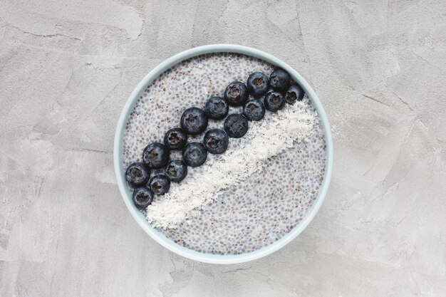 Overnight chia seed pudding with fresh blueberries and coconut flakes in a bowl. Copy space, top view. Breakfast, superfood and vegan food concept. Gray background