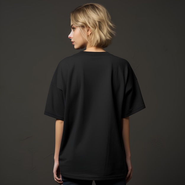 Oversized black color tshirt female model from back side