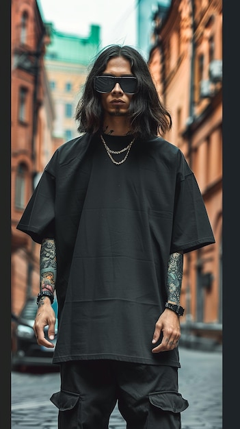 Photo oversized black shirt mockup blank design