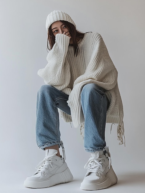 Photo oversized sweater paired with baggy jeans and chunky sneakers on a minimalist white background