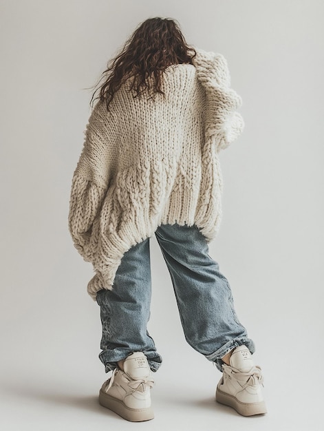 Photo oversized sweater paired with baggy jeans and chunky sneakers on a minimalist white background