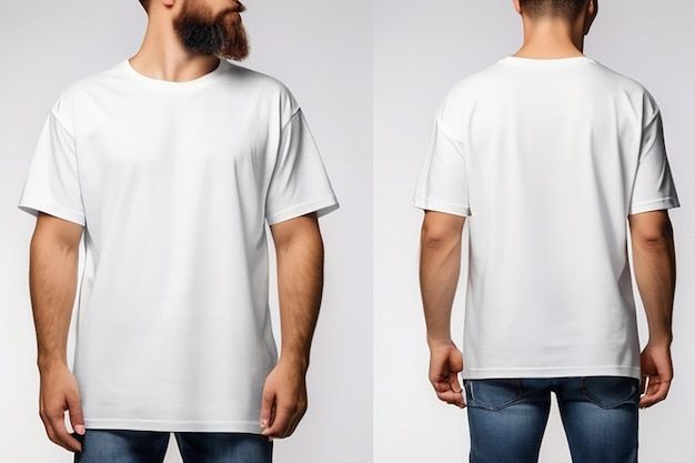 Photo oversized white tshirt mockup on a bearded guy in jeans summer clothing for design