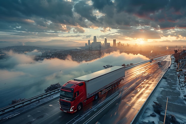 Photo overtaking trucks on an asphalt road in a rural landscape at sunset