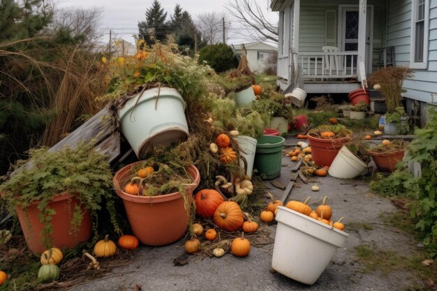 Overturned potted plants after windstorm created with generative ai