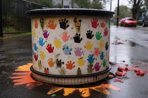 Overturned trash bin with dog paw prints around it created with generative ai