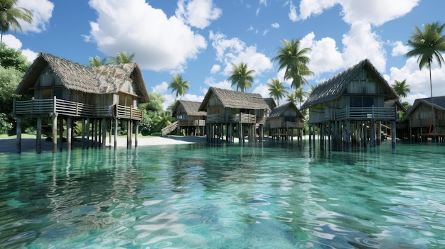 Overwater bungalows with palm trees and crystal clear turquoise water