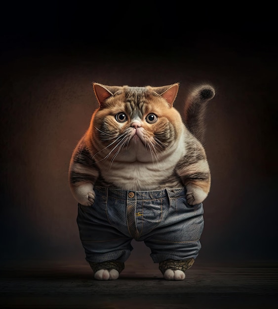 Overweight cat wearing clothes on a colored background Generative AI