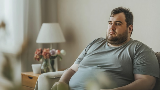 Overweight man sitting on a couch in a living room looking thoughtful Capturing introspection contem