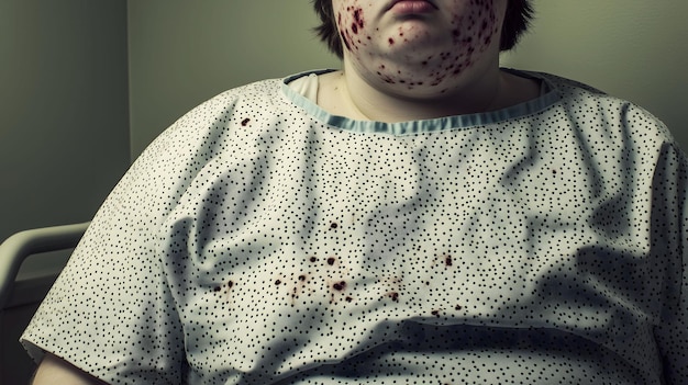 Overweight patient is wearing a bloodstained hospital gown