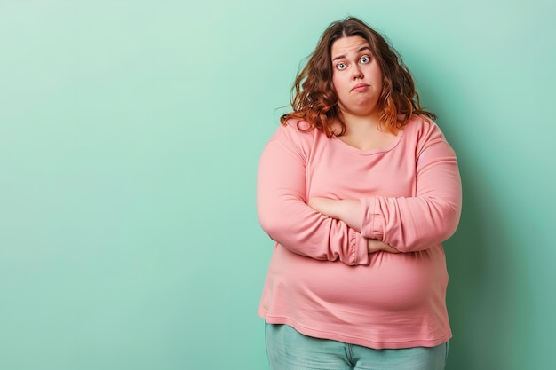 Overweight woman in distress against a colorful backdrop Generative AI