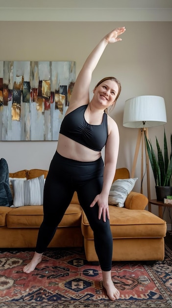 Photo overweight woman doing stretching exercises at home