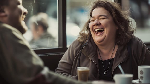 Photo overweight woman laughing joyfully while sitting at a cafe with a friend enjoying coffee the image captures a moment of genuine happiness and camaraderie