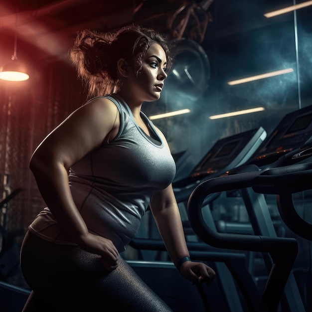 Overweight young woman exercising in the gym