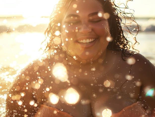 Photo overweight young woman splashing in sea water at sunset