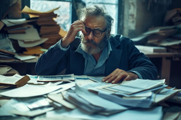 Overwhelmed Businessman Buried in Paperwork The Struggle with Office Administration Chaos