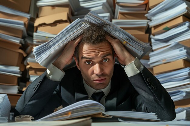 Overwhelmed Businessman Buried in Paperwork The Struggle with Office Administration Chaos