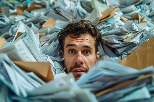 Photo overwhelmed by paperwork a man buried in a sea of documents