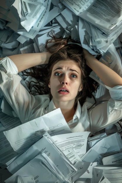 Photo overwhelmed employee with piles of paperwork stress in a toxic work environment