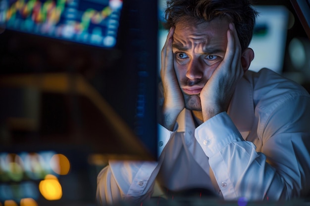 Overwhelmed Financial Analyst Reacting to Fluctuating Stock Market Data