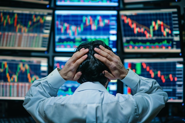 Overwhelmed Financial Analyst Reacting to Volatile Stock Market Data with Stress and Uncertainty