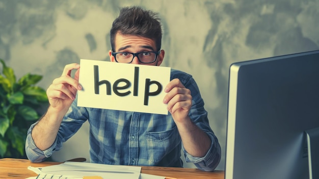 overwhelmed man seeks assistance holding a bright help sign surrounded by office clutter after hours