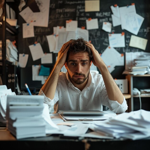 Photo overwhelmed man sitting at desk with stacks of paper