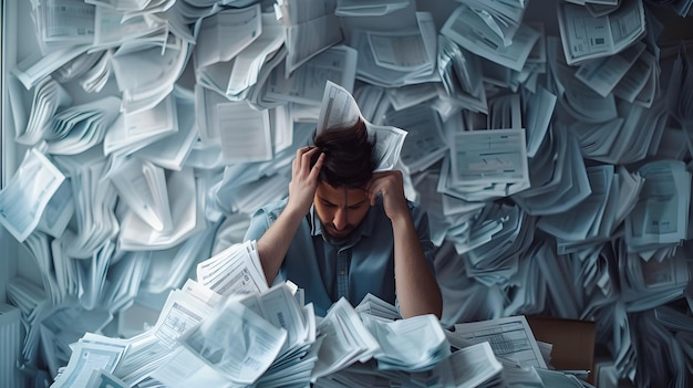 Photo overwhelmed man struggling with a mountain of unpaid bills and financial burdens