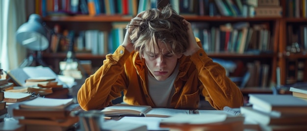 Photo overwhelmed student struggling with homework in messy workspace