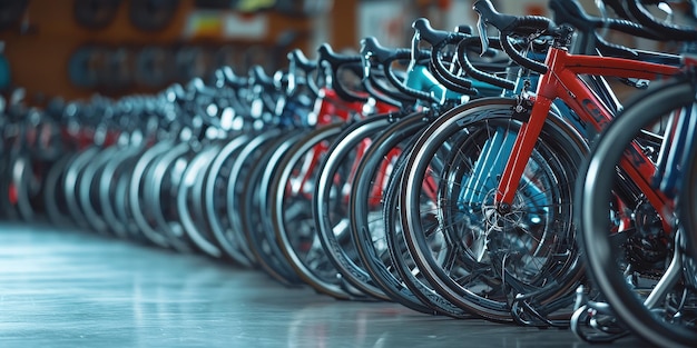 Photo overwhelming array of road bikes with lightweight frames