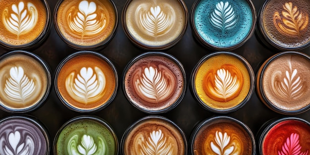 Photo overwhelming assortment of lattes with intricate latte art in vibrant designs