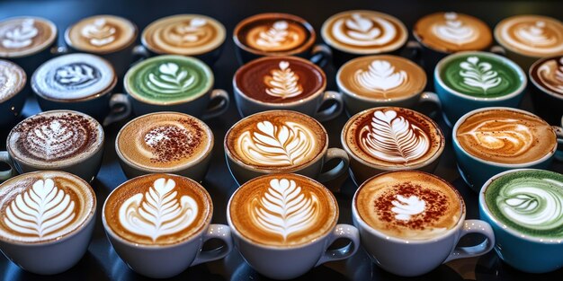 Photo overwhelming assortment of lattes with intricate latte art in vibrant designs