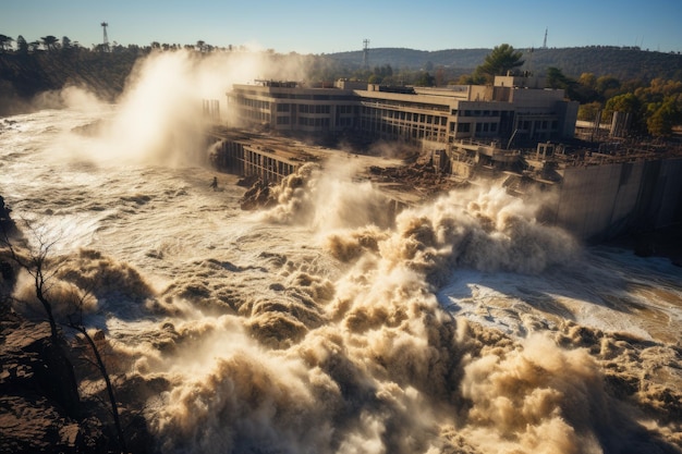 Overwhelming power of the surging waters as they overflow their banks and inundate surrounding