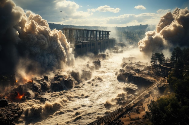 Overwhelming power of the surging waters as they overflow their banks and inundate surrounding