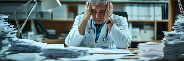 Photo overworked doctor struggling with paperwork a doctor sits at his desk overwhelmed by the she