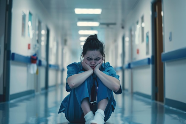 Overworked nurse takes coffee break in hospital