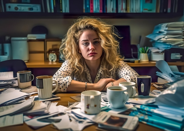 Photo overworked person with coffee cups and papers on a cluttered desk