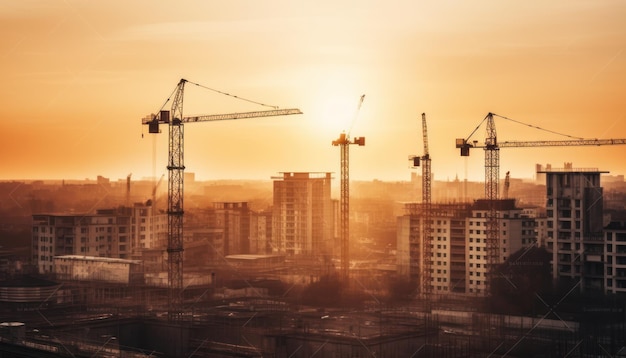 ower cranes at construction site in city background