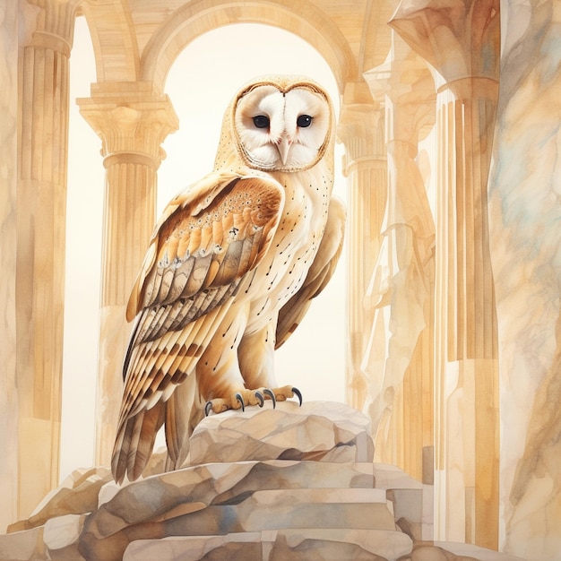 Owl in ancient egypt watercolor painting