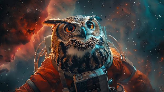 Owl in an astronaut suit floating in zero gravity with a space nebula behind