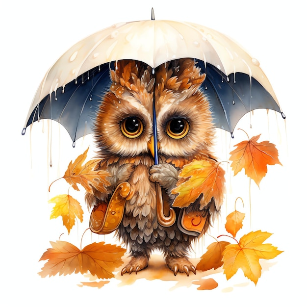 Owl in autumn under umbrella