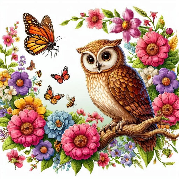 Owl bird in colorful flowers