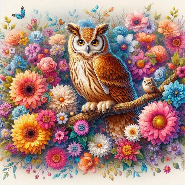 Owl bird in colorful flowers