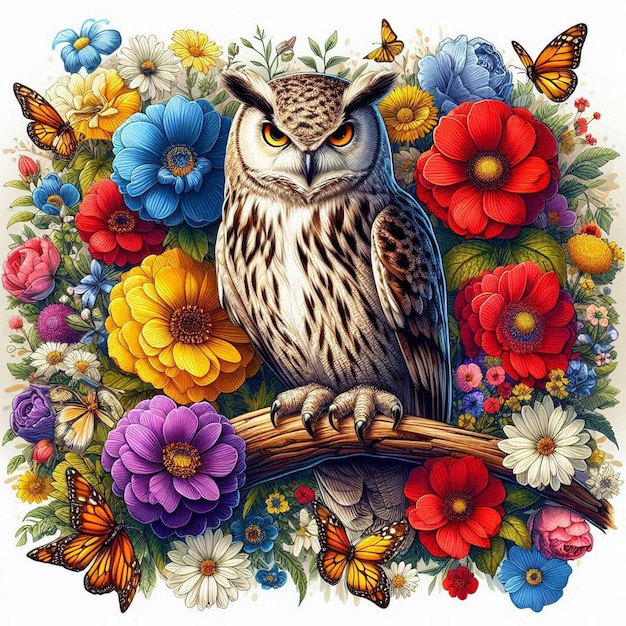 Owl bird in colorful flowers