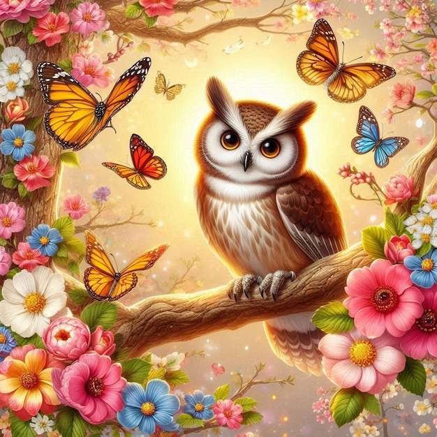 Owl bird in colorful flowers