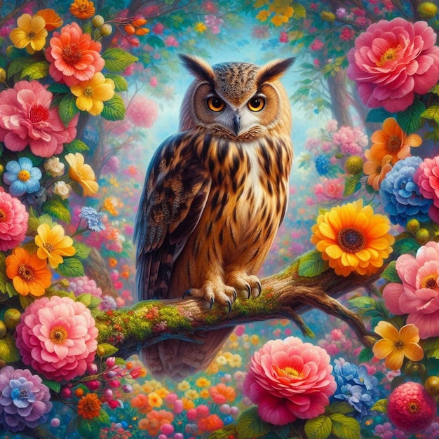 Owl bird in colorful flowers