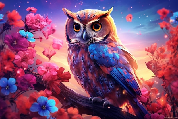 Owl bird in colorful flowers