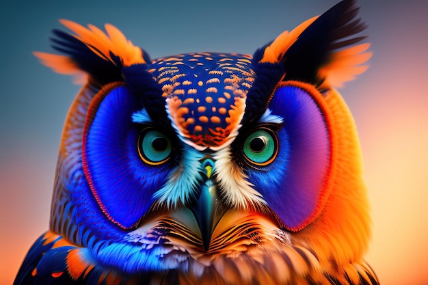 Owl in blue and orange colors