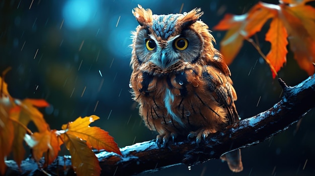 Owl on a branch heading for the rain on a blurred background