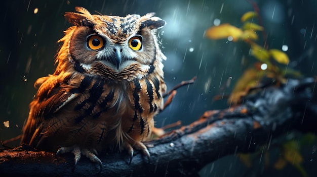 Owl on a branch heading for the rain on a blurred background