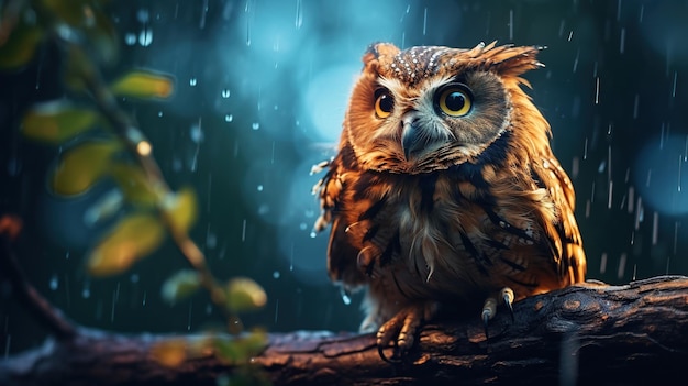 Owl on a branch heading for the rain on a blurred background